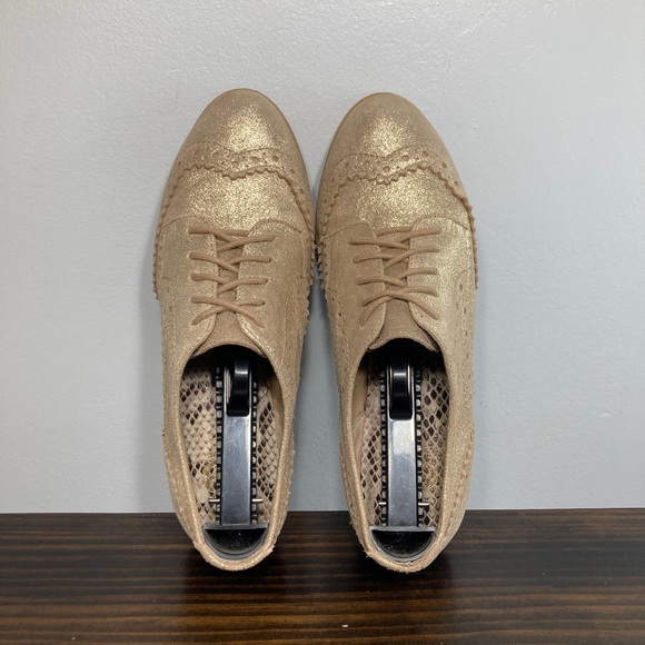 Gianni Bini Gold Metallic Leather Wood Bottom Oxford Shoes Womens Size 7 - Picture 5 of 8